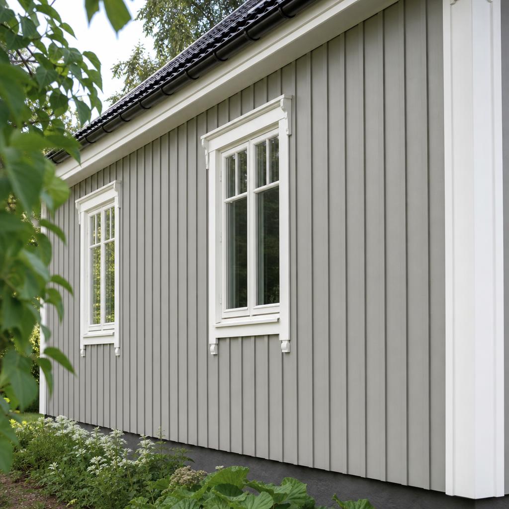 Somrig närbild av en sprillans ny grå träfasad med vita fönsterfoder
