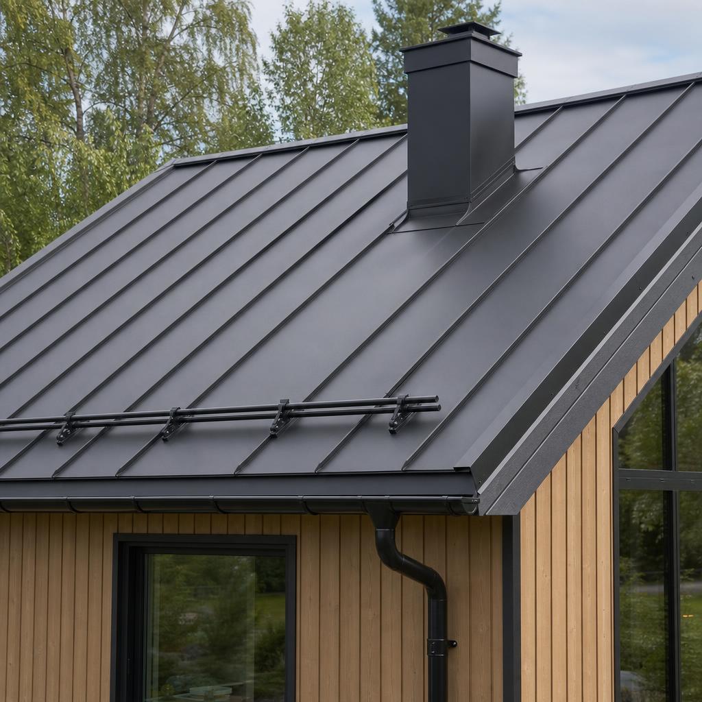 Närbild av ett färdigt mörkt plåttak med beslag och taksäkerhet